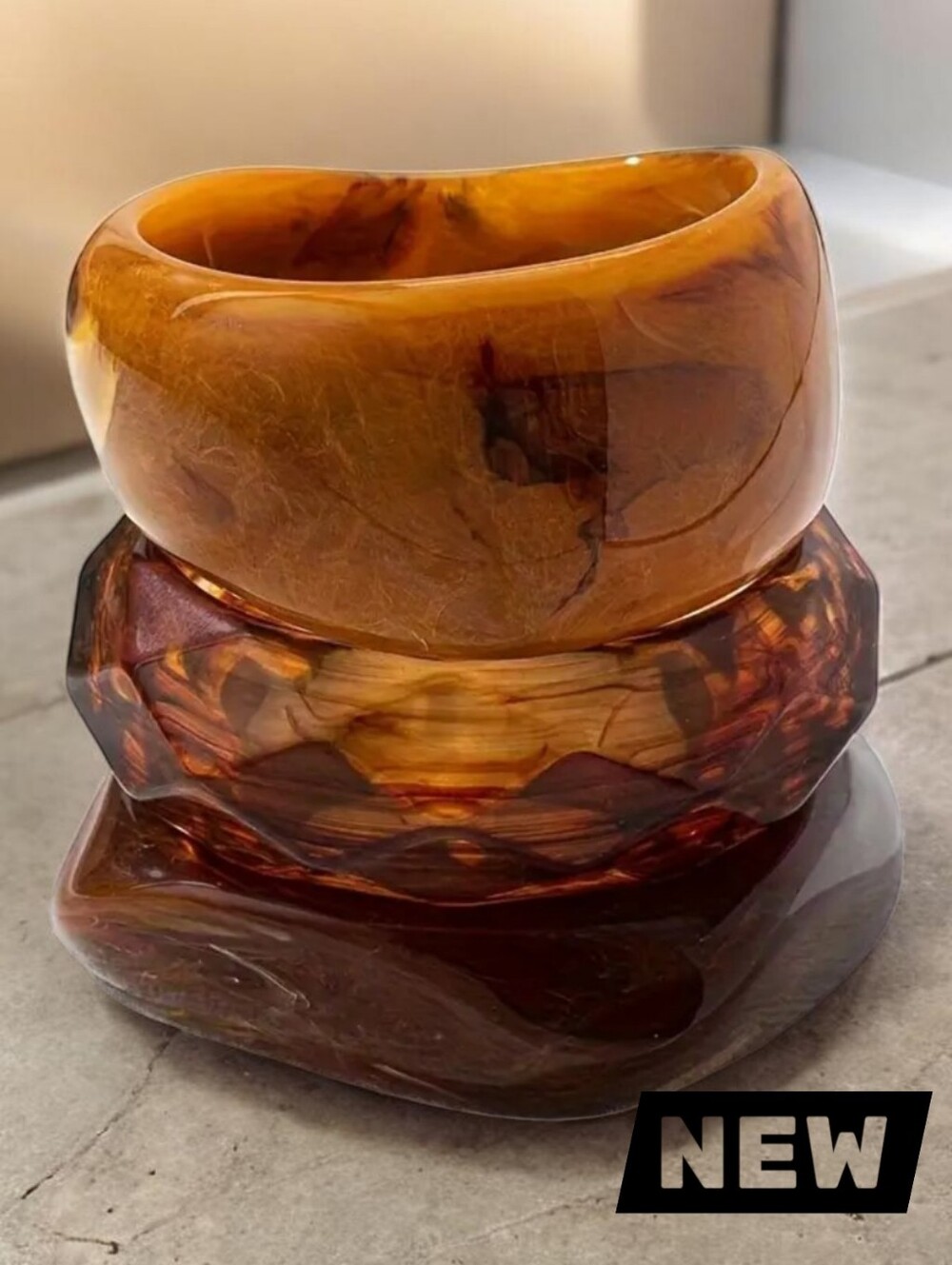New Set of 3 Chunky Marble Acrylic Bangles Brown Amber